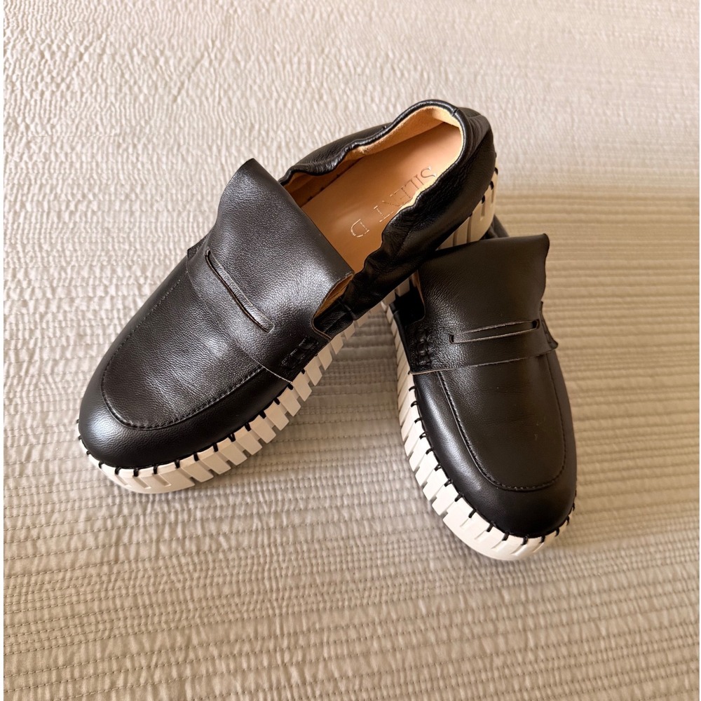 Silent D Women's Bravo Black Leather Platform‎ Penny Loafers White Sole Size 37